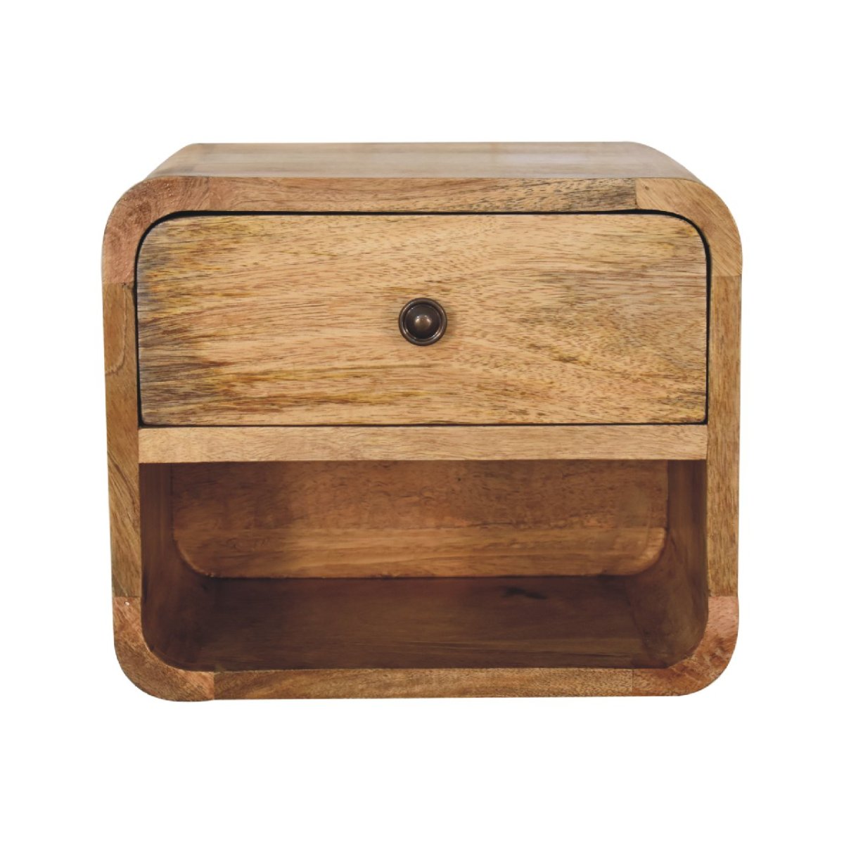 Comodino Sospeso Mini in Mango Massello Oak-ish con Cassetto e Vano Aperto — Linea Curva