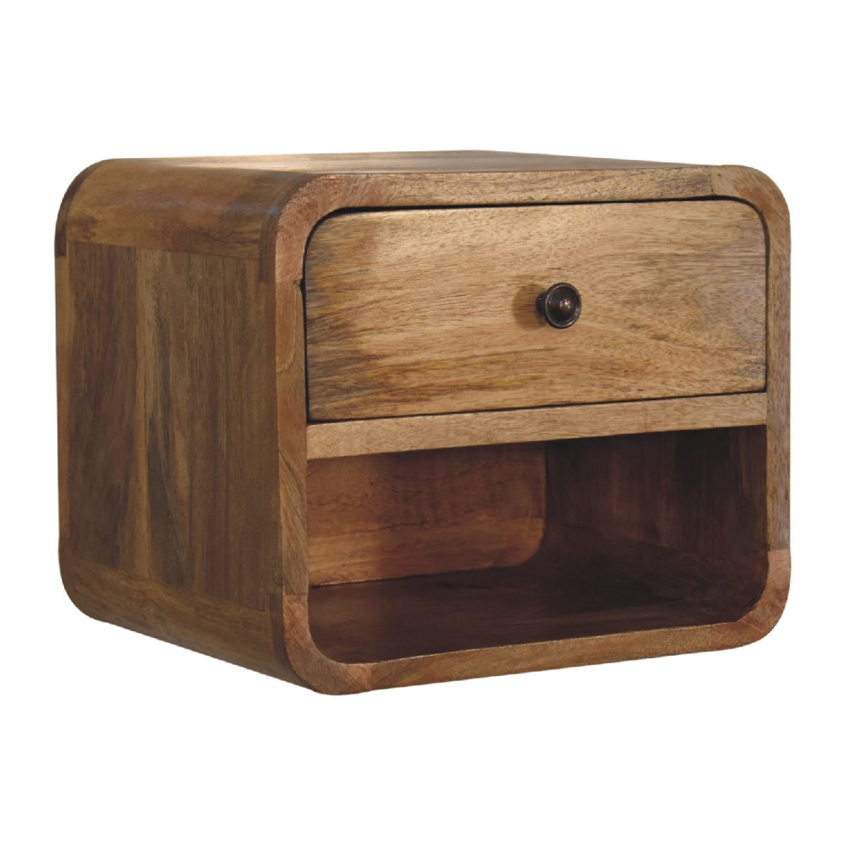 Comodino Sospeso Mini in Mango Massello Oak-ish con Cassetto e Vano Aperto — Linea Curva