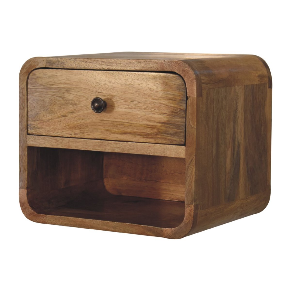 Comodino Sospeso Mini in Mango Massello Oak-ish con Cassetto e Vano Aperto — Linea Curva