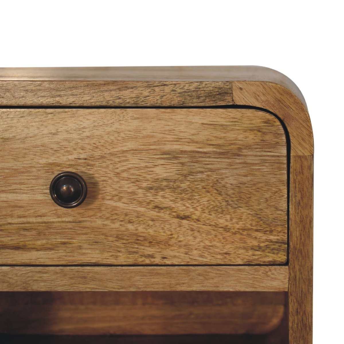 Comodino Sospeso Mini in Mango Massello Oak-ish con Cassetto e Vano Aperto — Linea Curva