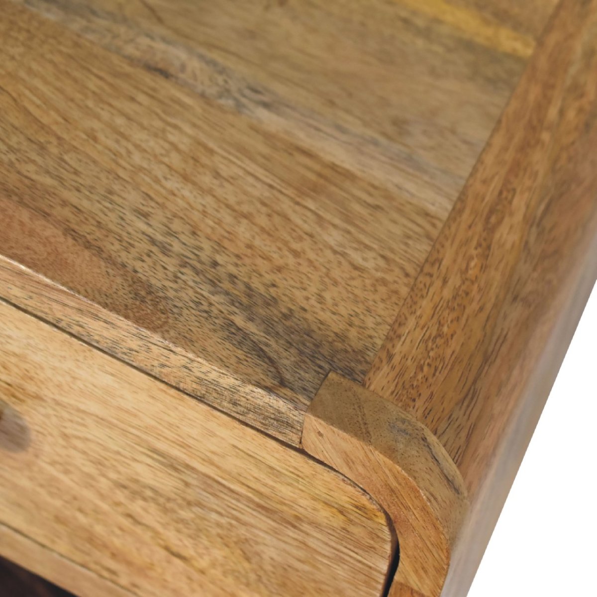 Comodino Sospeso Mini in Mango Massello Oak-ish con Cassetto e Vano Aperto — Linea Curva