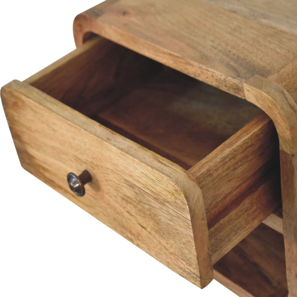 Comodino Sospeso Mini in Mango Massello Oak-ish con Cassetto e Vano Aperto — Linea Curva
