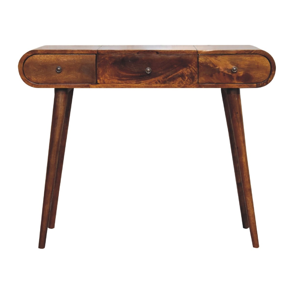Toletta in Mango Massello Finitura Castagno con 3 Cassetti, Specchio e Gambe Nordic