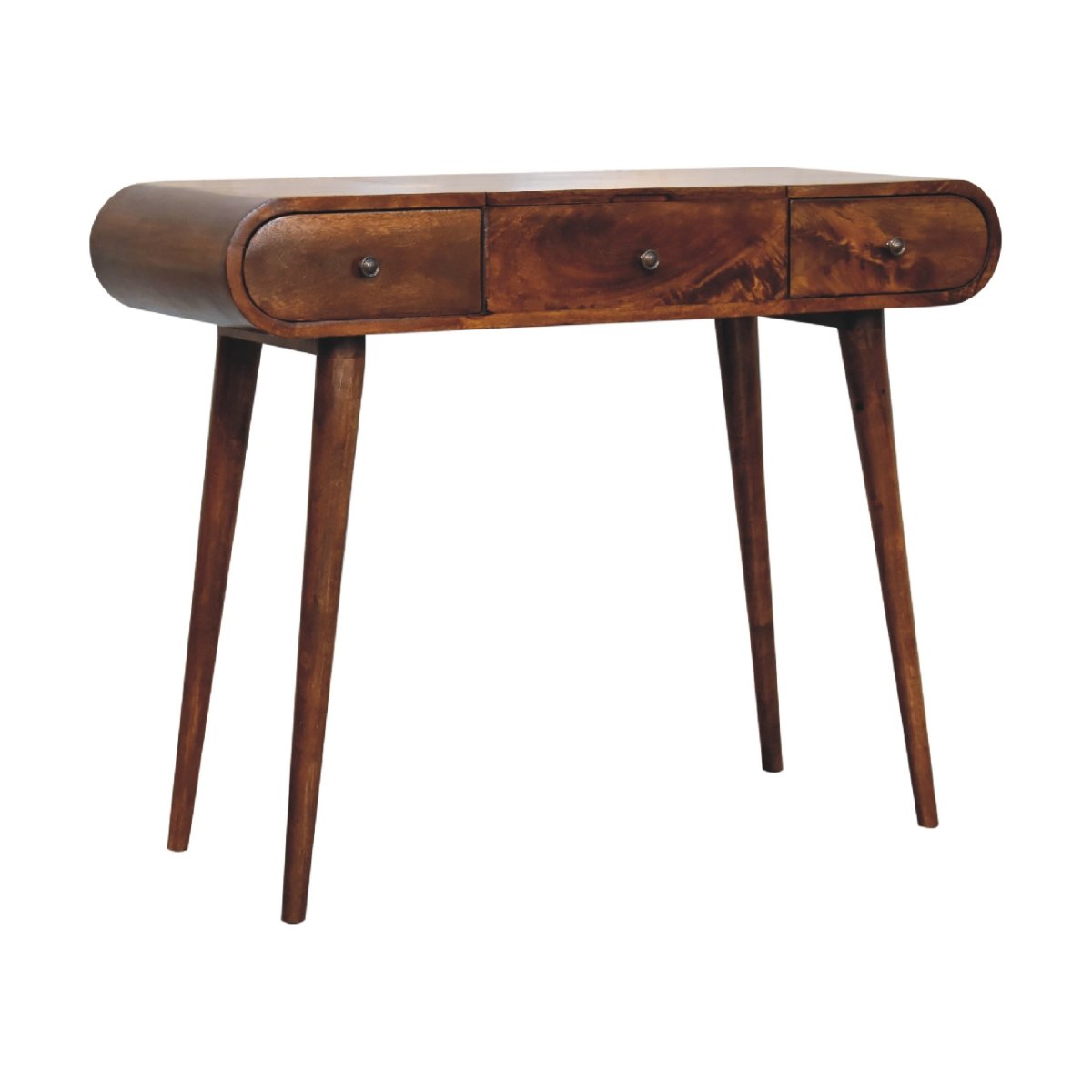 Toletta in Mango Massello Finitura Castagno con 3 Cassetti, Specchio e Gambe Nordic