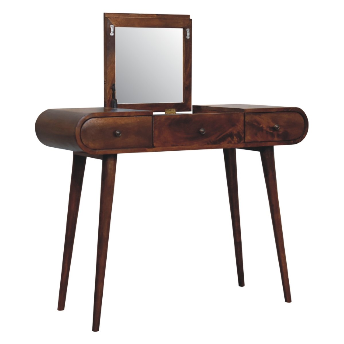Toletta in Mango Massello Finitura Castagno con 3 Cassetti, Specchio e Gambe Nordic
