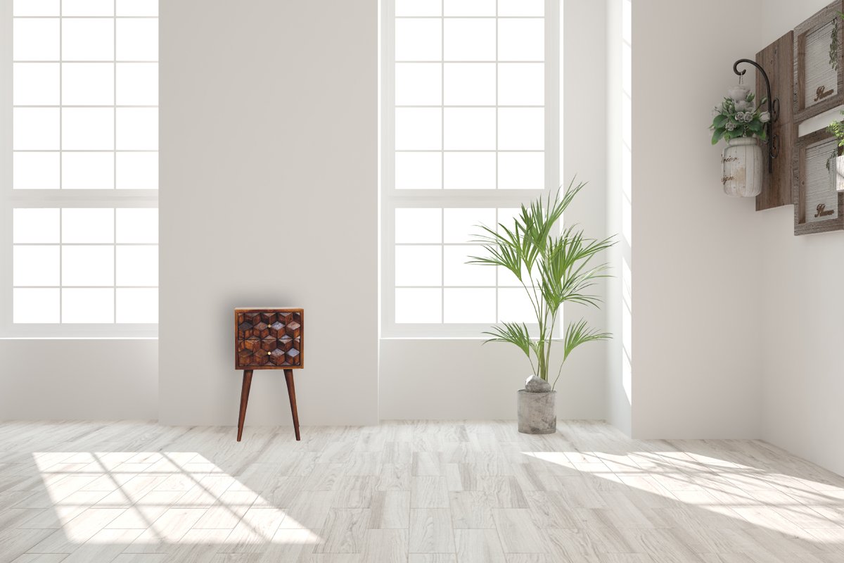 Comodino Mini in Mango Massello Finitura Castagno con 2 Cassetti Cubici e Gambe Scandinave