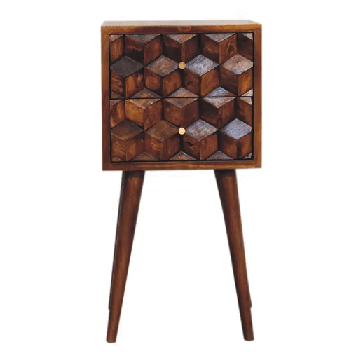 Comodino Mini in Mango Massello Finitura Castagno con 2 Cassetti Cubici e Gambe Scandinave