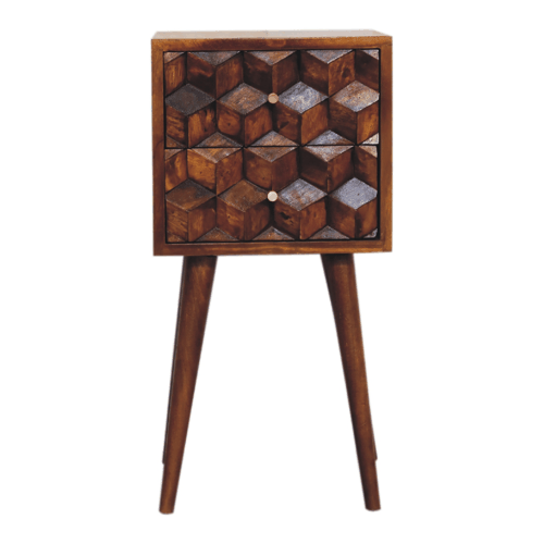 Comodino Mini in Mango Massello Finitura Castagno con 2 Cassetti Cubici e Gambe Scandinave