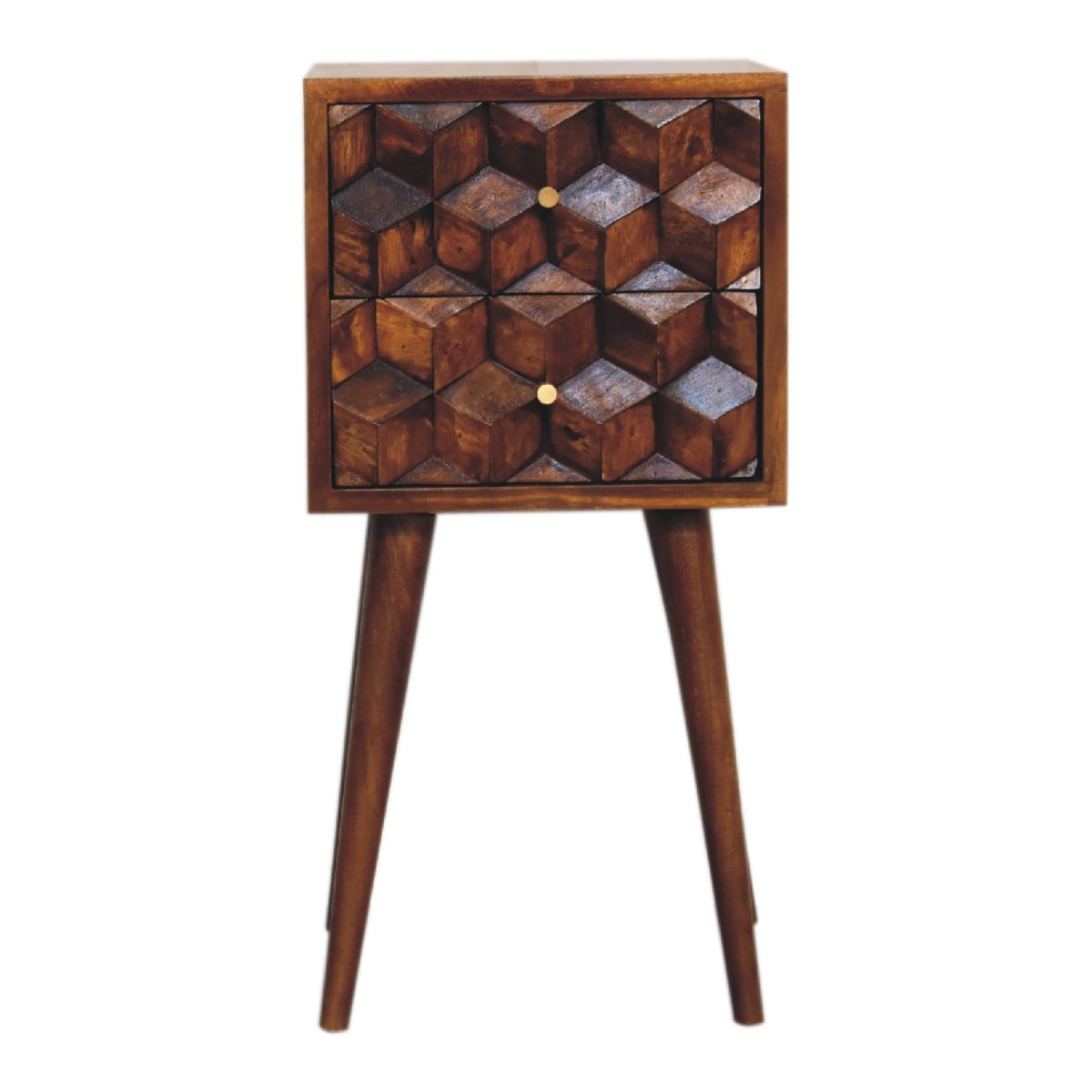 Comodino Mini in Mango Massello Finitura Castagno con 2 Cassetti Cubici e Gambe Scandinave