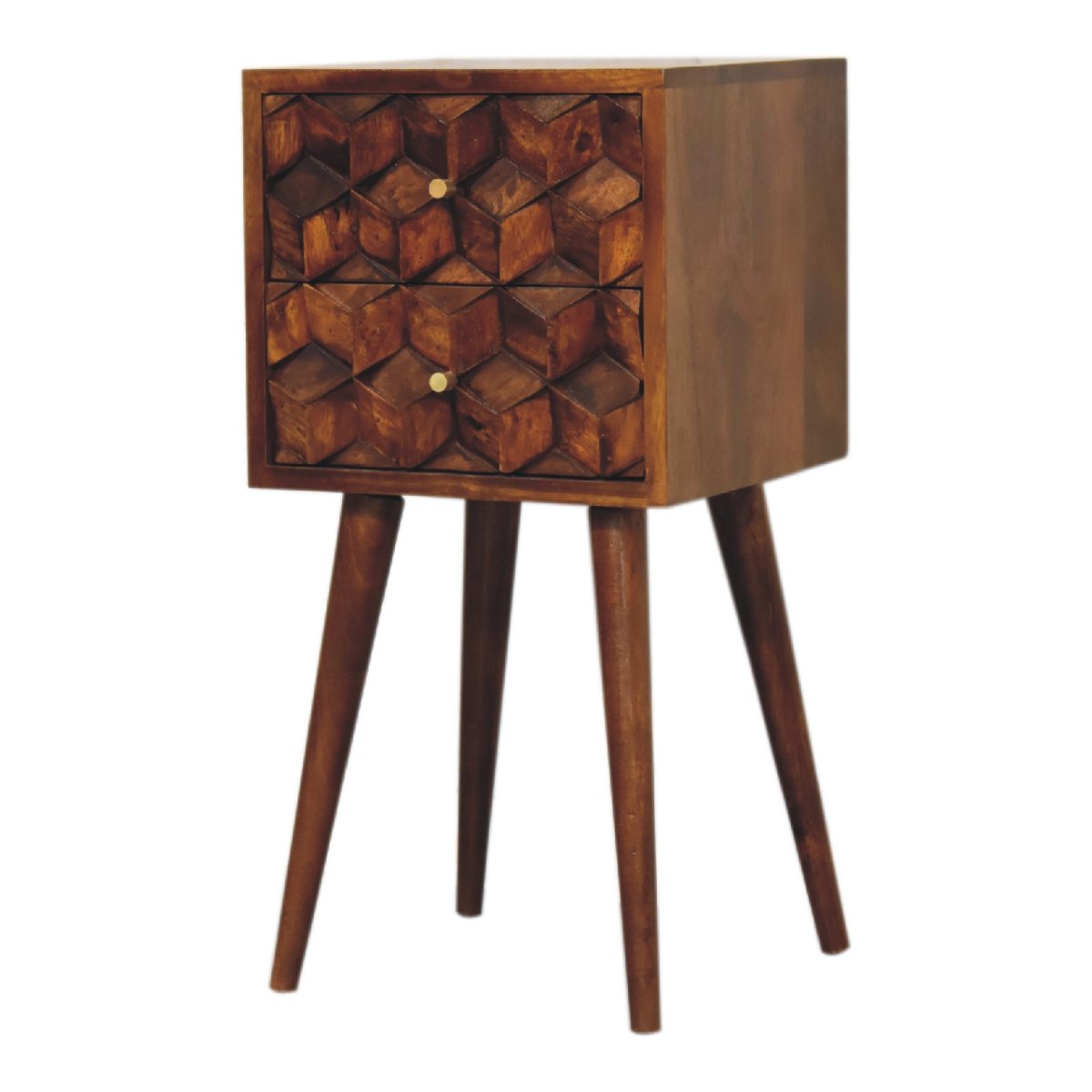 Comodino Mini in Mango Massello Finitura Castagno con 2 Cassetti Cubici e Gambe Scandinave
