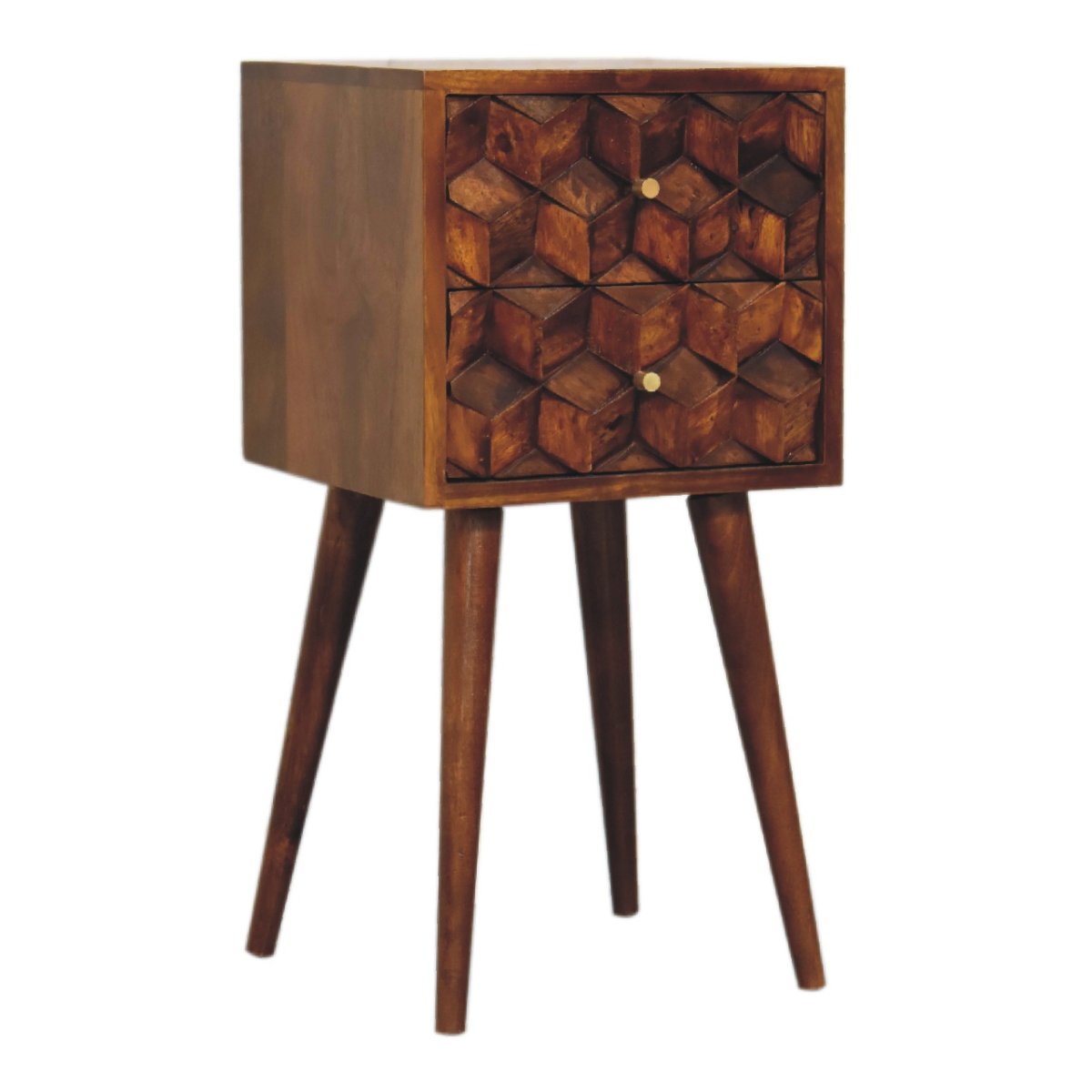 Comodino Mini in Mango Massello Finitura Castagno con 2 Cassetti Cubici e Gambe Scandinave