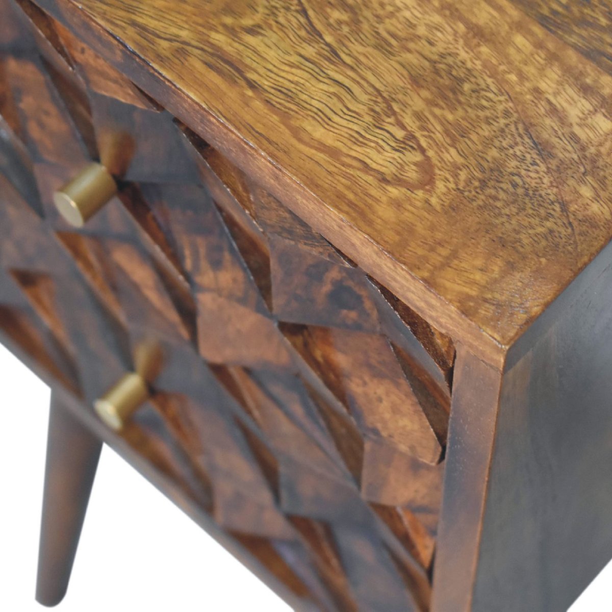 Comodino Mini in Mango Massello Finitura Castagno con 2 Cassetti Cubici e Gambe Scandinave
