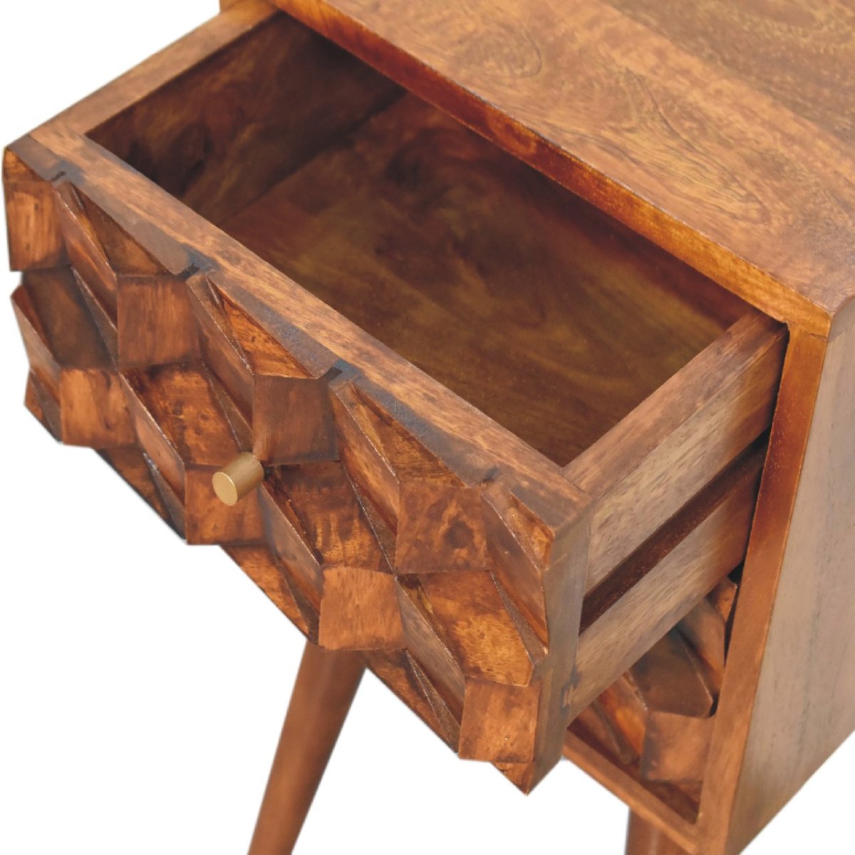 Comodino Mini in Mango Massello Finitura Castagno con 2 Cassetti Cubici e Gambe Scandinave