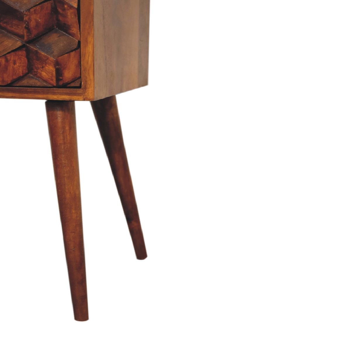 Comodino Mini in Mango Massello Finitura Castagno con 2 Cassetti Cubici e Gambe Scandinave