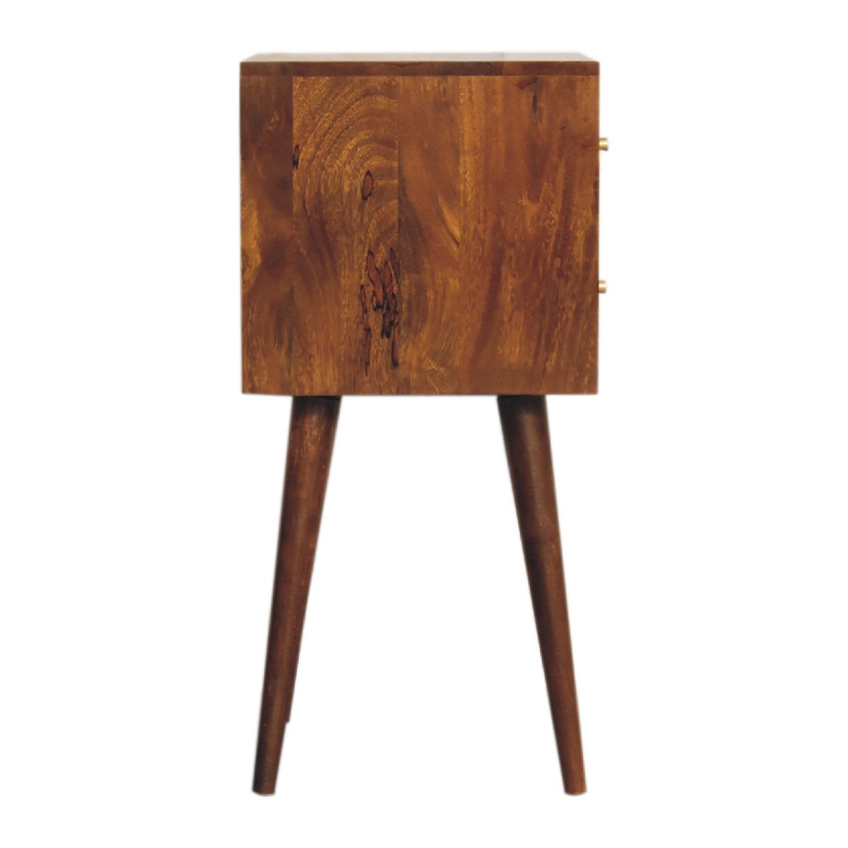 Comodino Mini in Mango Massello Finitura Castagno con 2 Cassetti Cubici e Gambe Scandinave