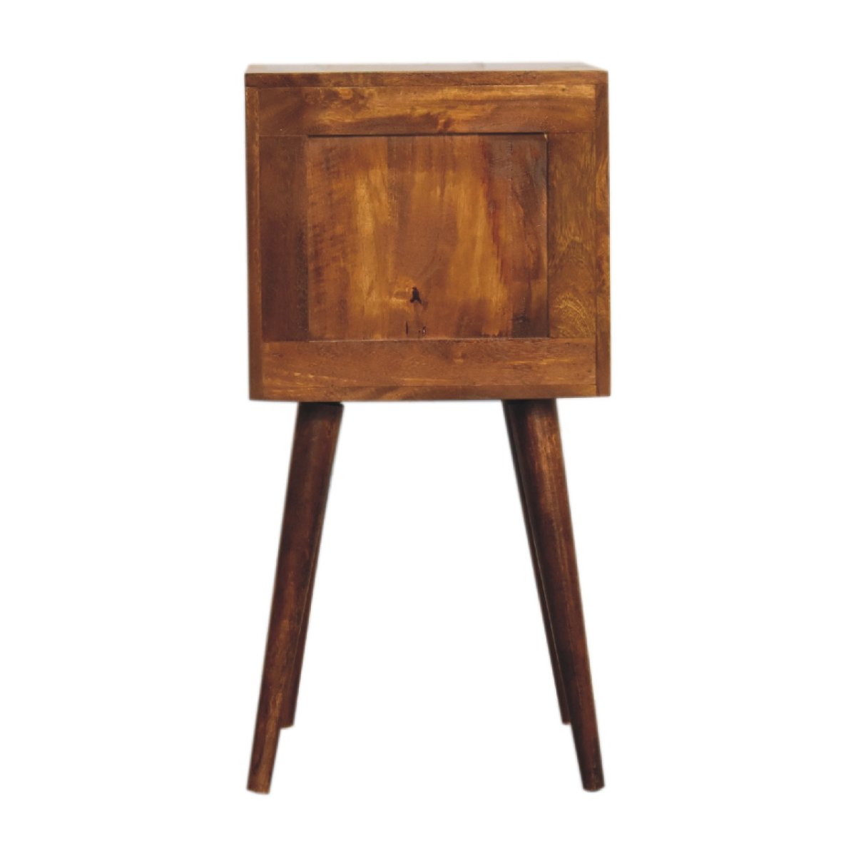 Comodino Mini in Mango Massello Finitura Castagno con 2 Cassetti Cubici e Gambe Scandinave