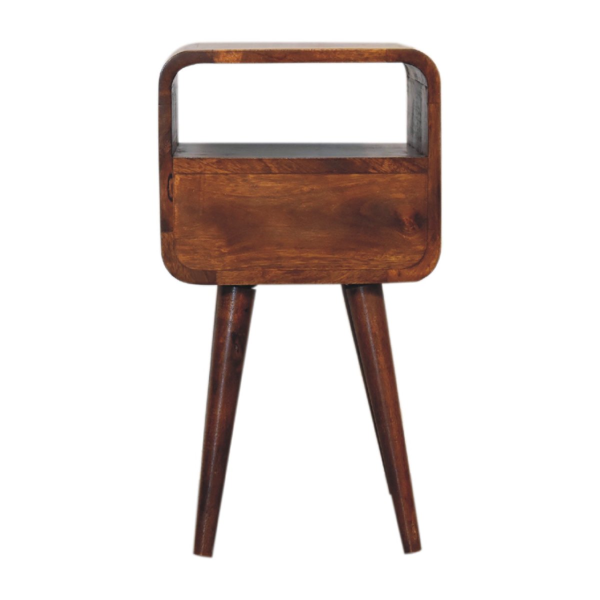 Comodino Mini in Mango Massello Finitura Castagno con Cassetto, Vano Aperto e Bordi Curvi