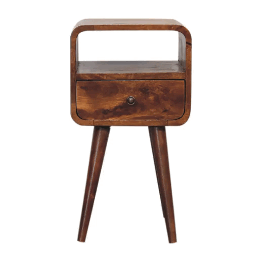 Comodino Mini in Mango Massello Finitura Castagno con Cassetto, Vano Aperto e Bordi Curvi