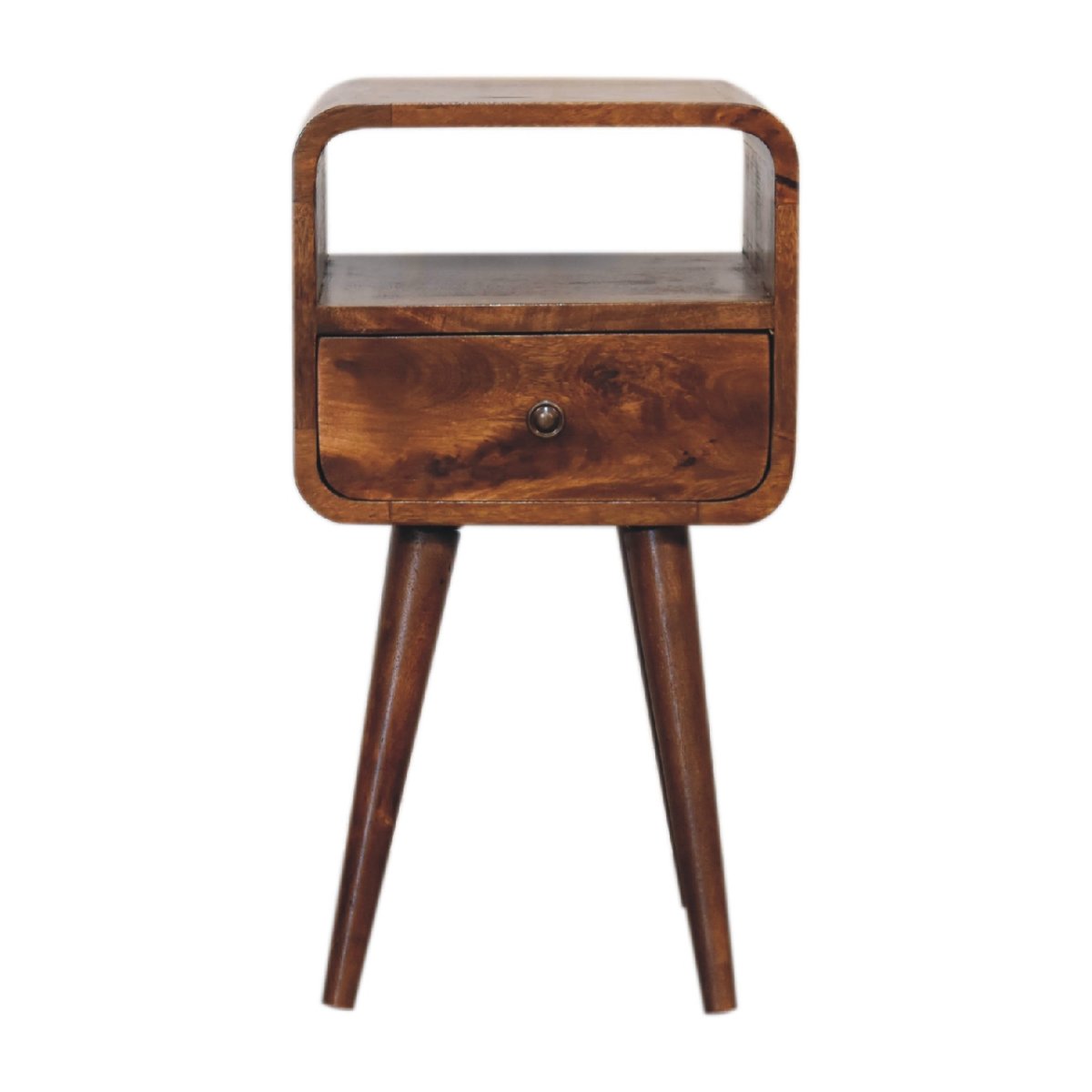 Comodino Mini in Mango Massello Finitura Castagno con Cassetto, Vano Aperto e Bordi Curvi