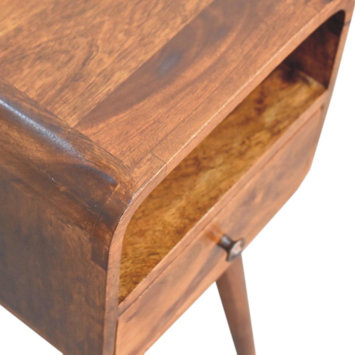 Comodino Mini in Mango Massello Finitura Castagno con Cassetto, Vano Aperto e Bordi Curvi