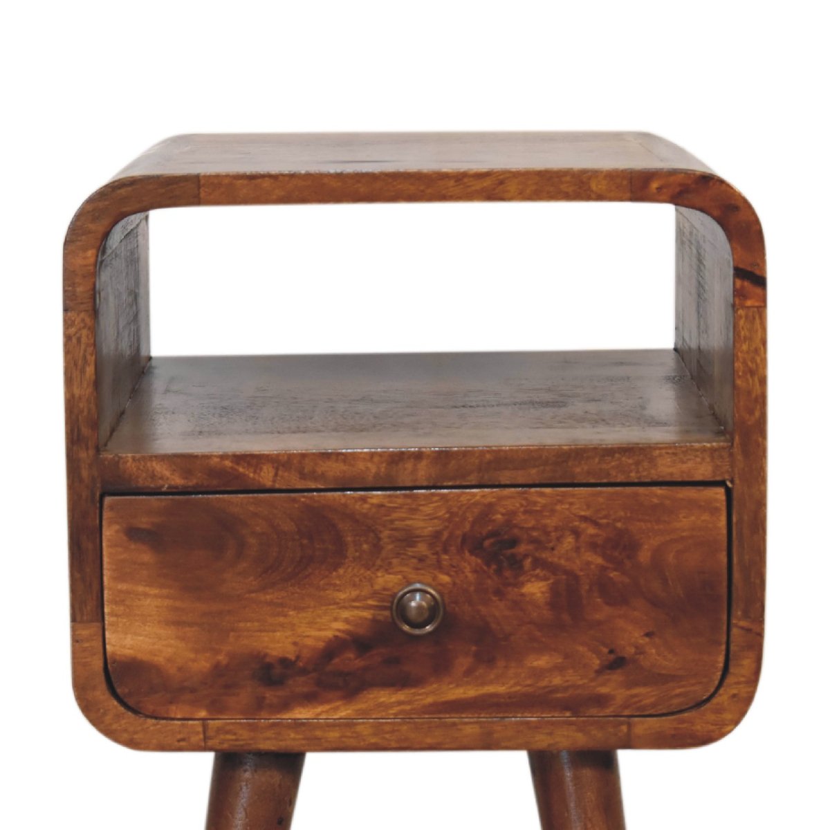 Comodino Mini in Mango Massello Finitura Castagno con Cassetto, Vano Aperto e Bordi Curvi