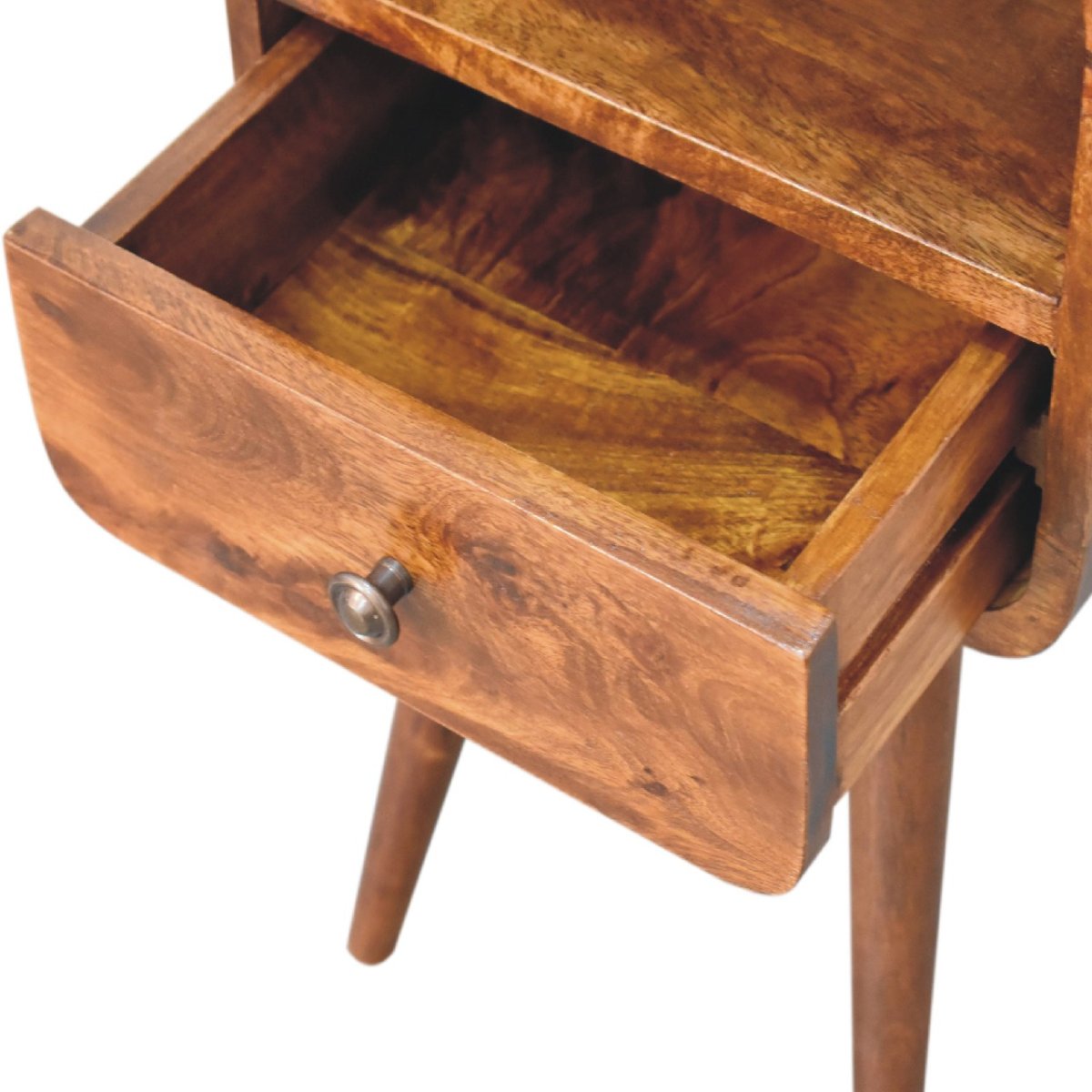 Comodino Mini in Mango Massello Finitura Castagno con Cassetto, Vano Aperto e Bordi Curvi
