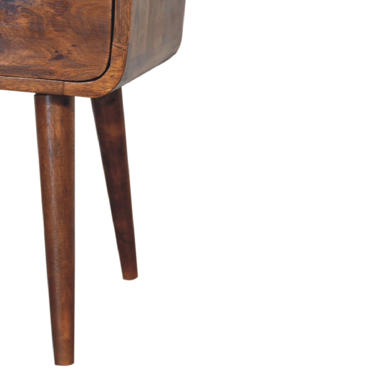 Comodino Mini in Mango Massello Finitura Castagno con Cassetto, Vano Aperto e Bordi Curvi