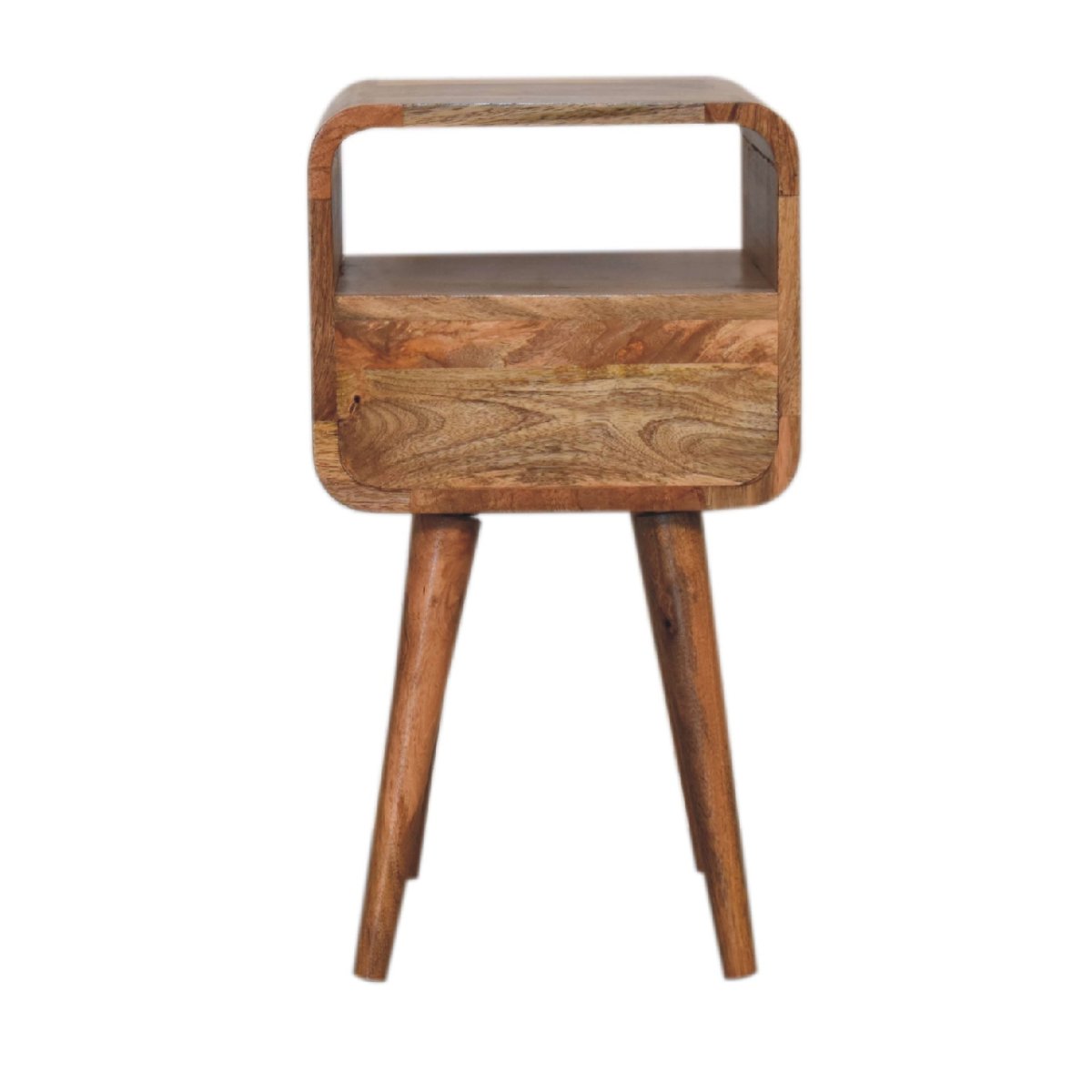 Comodino Mini in Mango Massello Oak-ish con Cassetto, Vano Aperto e Bordi Curvi — Gambe Nordic