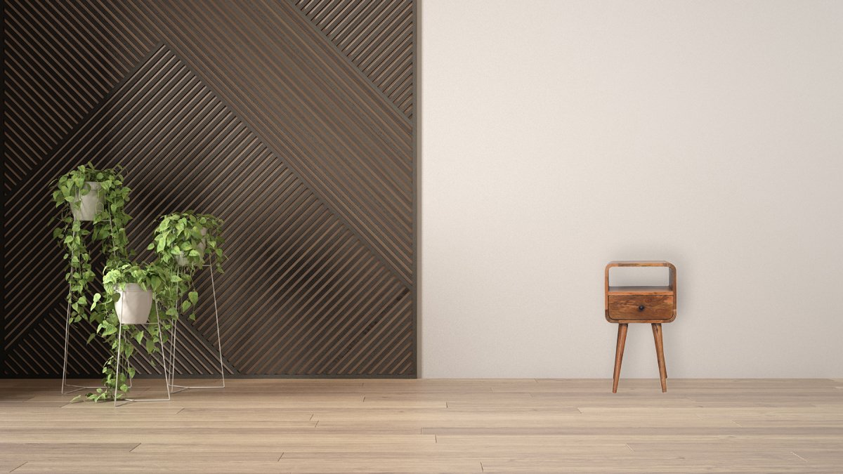 Comodino Mini in Mango Massello Oak-ish con Cassetto, Vano Aperto e Bordi Curvi — Gambe Nordic