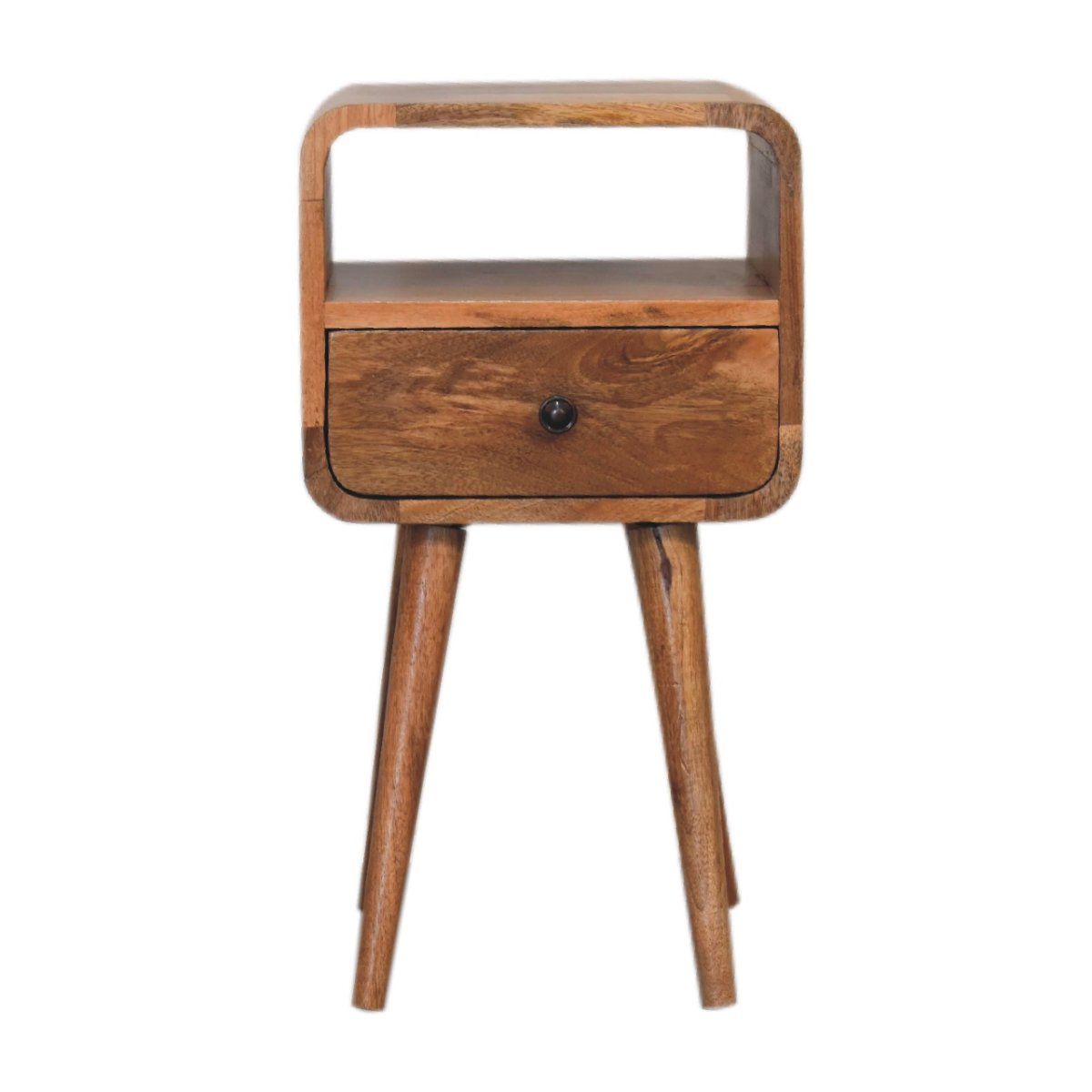 Comodino Mini in Mango Massello Oak-ish con Cassetto, Vano Aperto e Bordi Curvi — Gambe Nordic