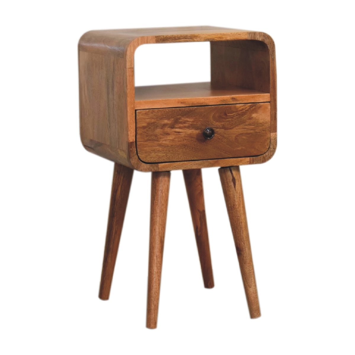 Comodino Mini in Mango Massello Oak-ish con Cassetto, Vano Aperto e Bordi Curvi — Gambe Nordic