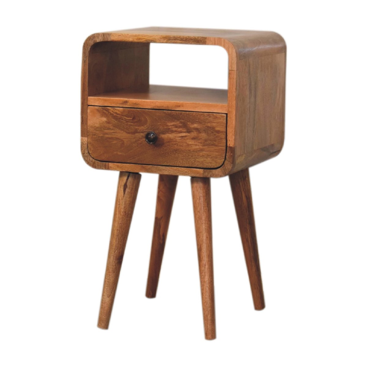 Comodino Mini in Mango Massello Oak-ish con Cassetto, Vano Aperto e Bordi Curvi — Gambe Nordic