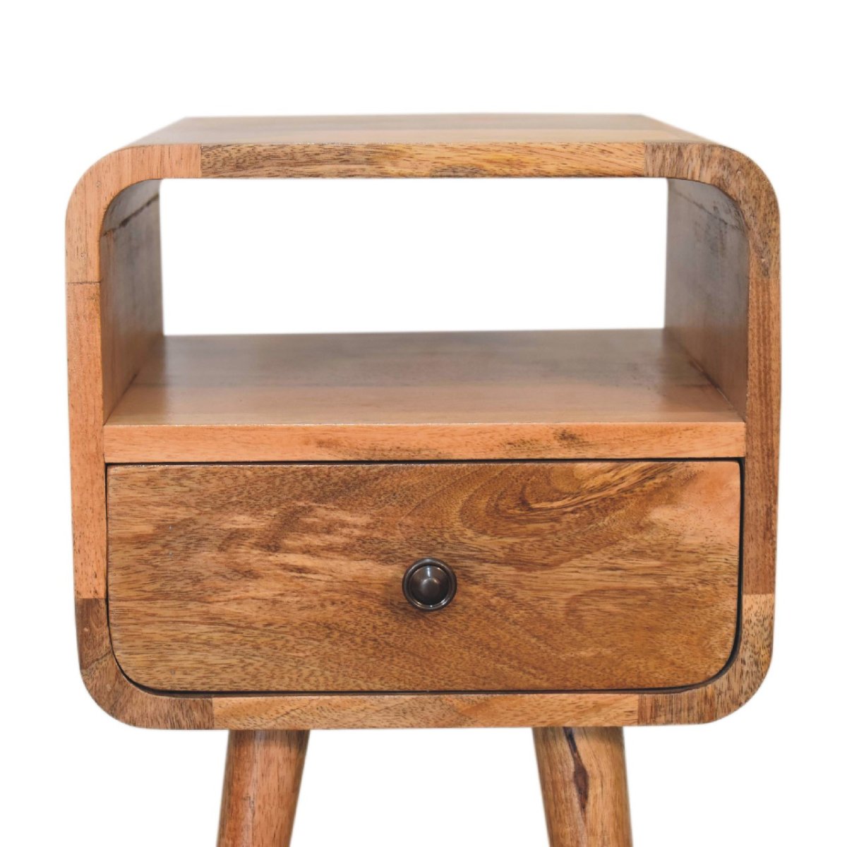 Comodino Mini in Mango Massello Oak-ish con Cassetto, Vano Aperto e Bordi Curvi — Gambe Nordic