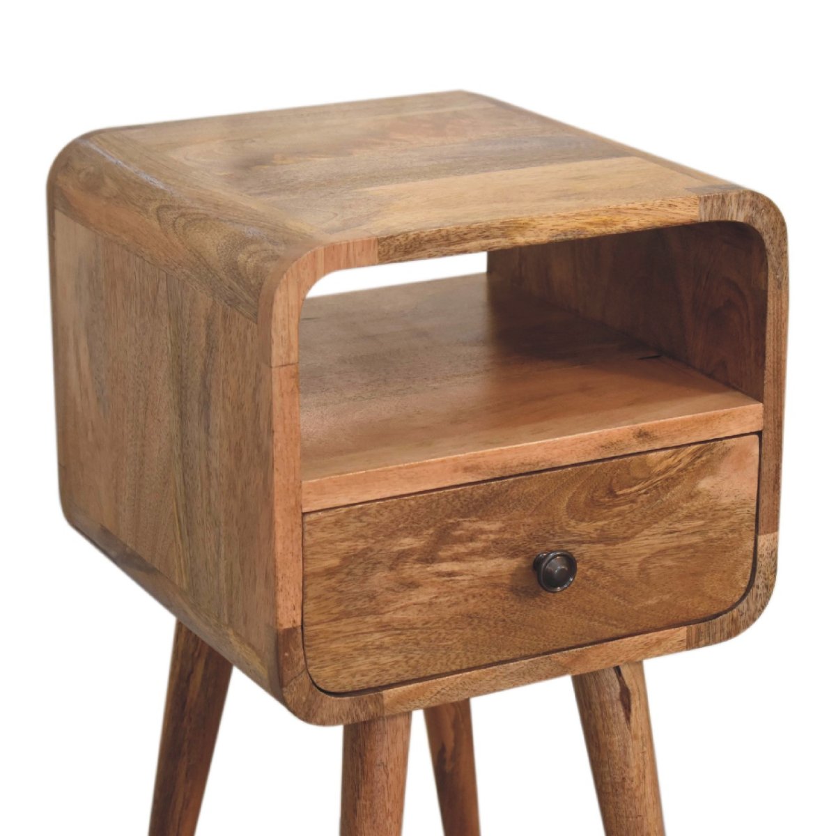 Comodino Mini in Mango Massello Oak-ish con Cassetto, Vano Aperto e Bordi Curvi — Gambe Nordic