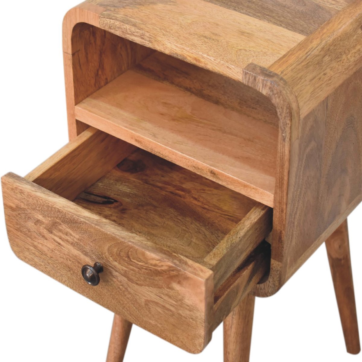 Comodino Mini in Mango Massello Oak-ish con Cassetto, Vano Aperto e Bordi Curvi — Gambe Nordic