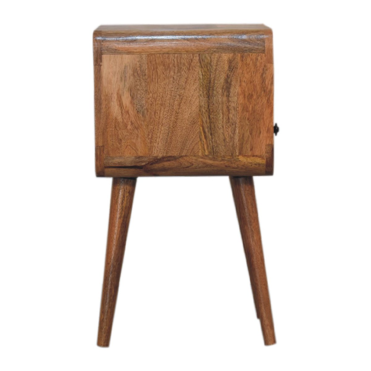 Comodino Mini in Mango Massello Oak-ish con Cassetto, Vano Aperto e Bordi Curvi — Gambe Nordic