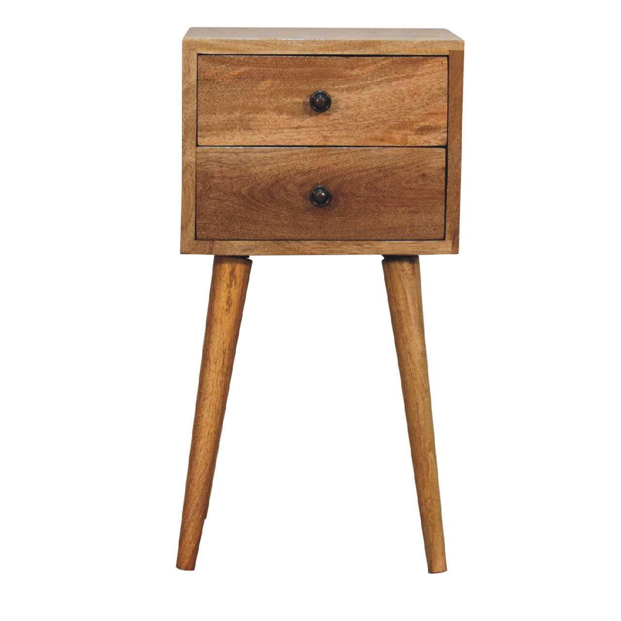 Comodino Mini in Mango Massello Finitura Oak-ish con 2 Cassetti e Gambe Scandinave — Edizione Slim