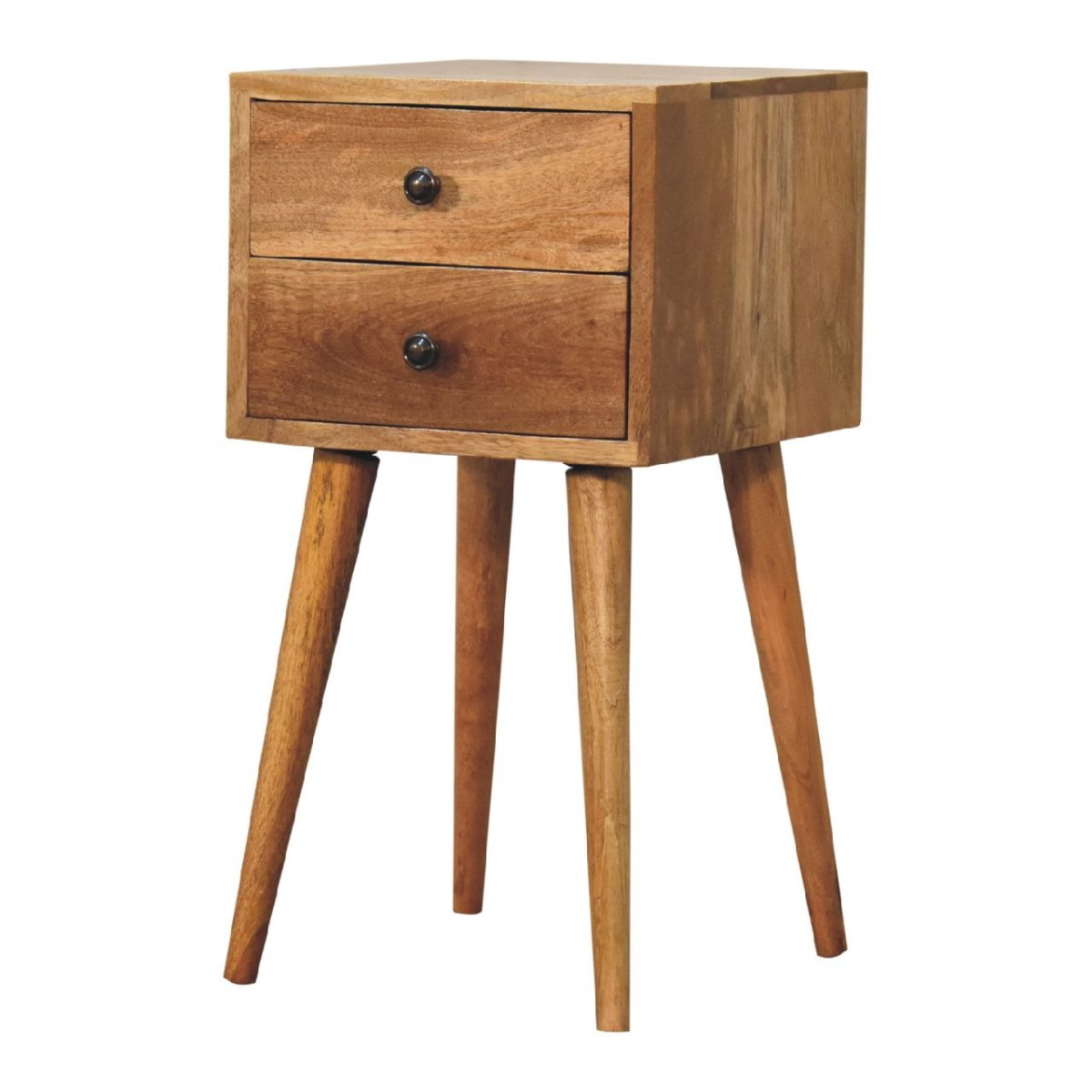Comodino Mini in Mango Massello Finitura Oak-ish con 2 Cassetti e Gambe Scandinave — Edizione Slim
