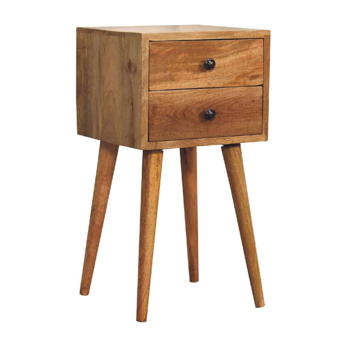 Comodino Mini in Mango Massello Finitura Oak-ish con 2 Cassetti e Gambe Scandinave — Edizione Slim