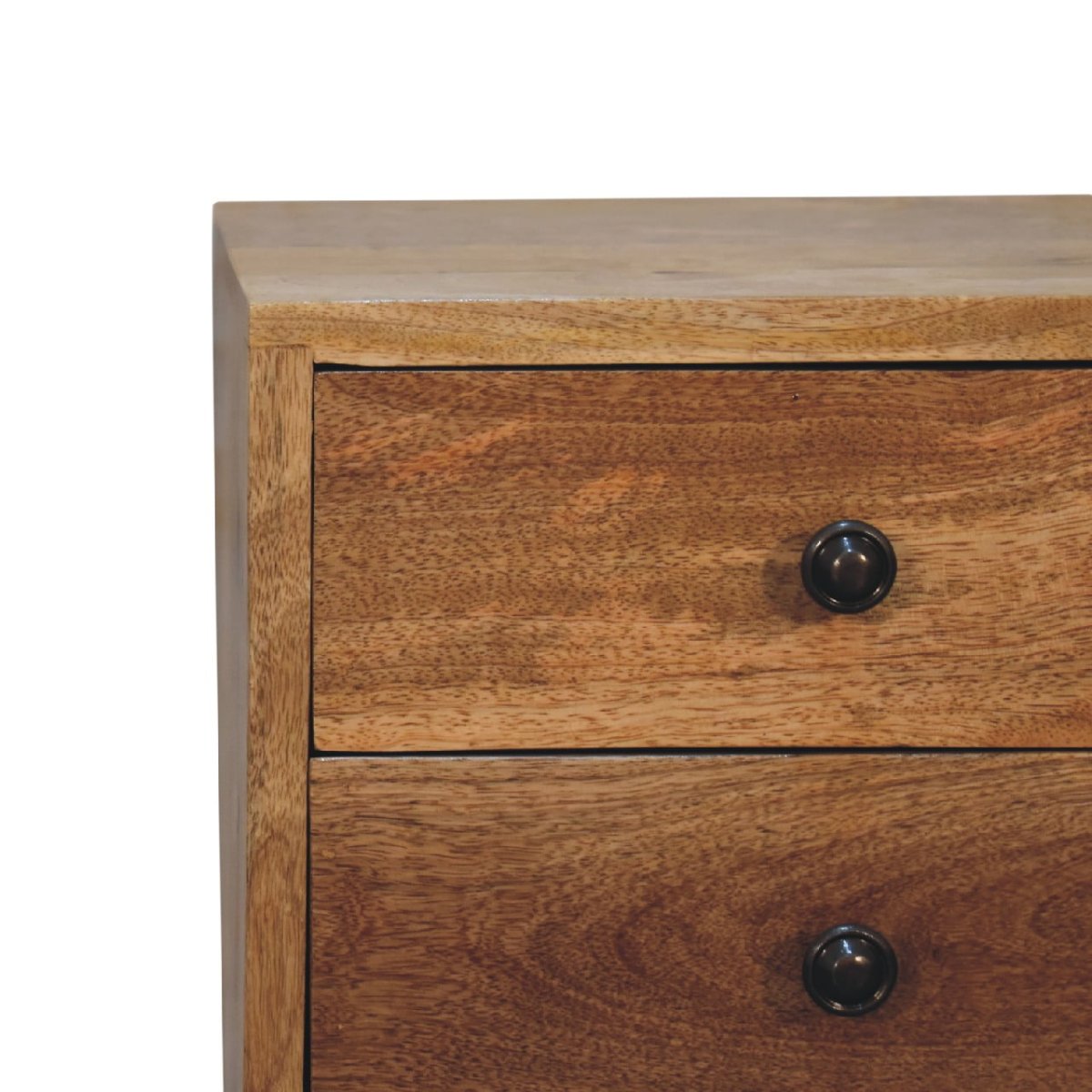Comodino Mini in Mango Massello Finitura Oak-ish con 2 Cassetti e Gambe Scandinave — Edizione Slim
