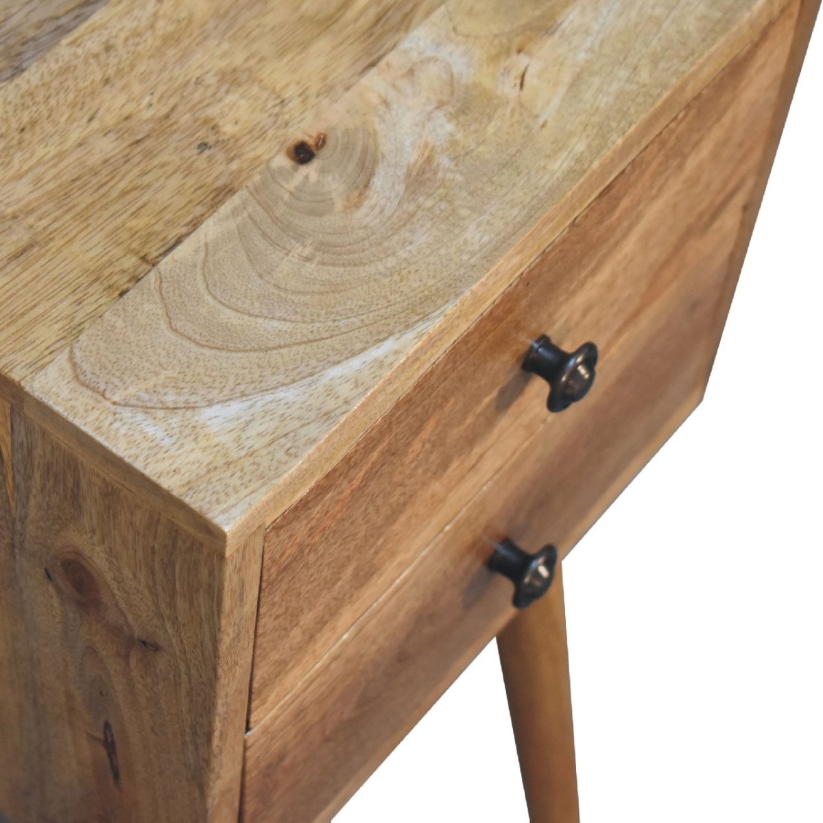 Comodino Mini in Mango Massello Finitura Oak-ish con 2 Cassetti e Gambe Scandinave — Edizione Slim