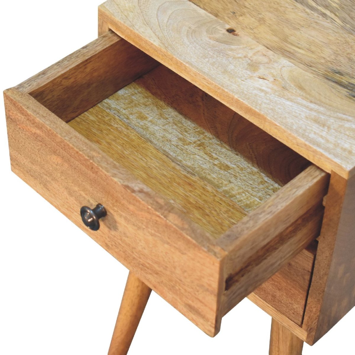 Comodino Mini in Mango Massello Finitura Oak-ish con 2 Cassetti e Gambe Scandinave — Edizione Slim