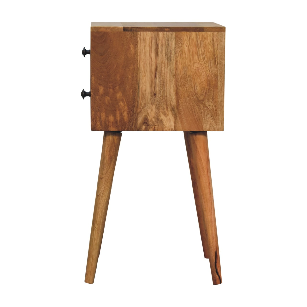 Comodino Mini in Mango Massello Finitura Oak-ish con 2 Cassetti e Gambe Scandinave — Edizione Slim