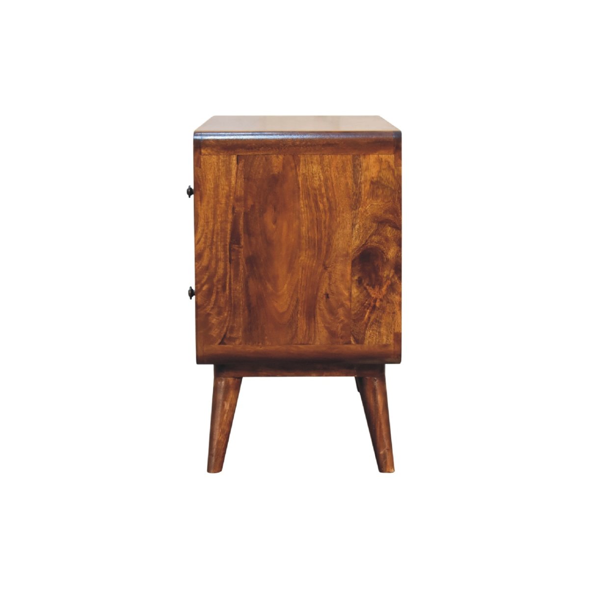 Cassettiera in Mango Massello Finitura Castagno con 2 Cassetti, Bordi Curvi e Gambe Nordic
