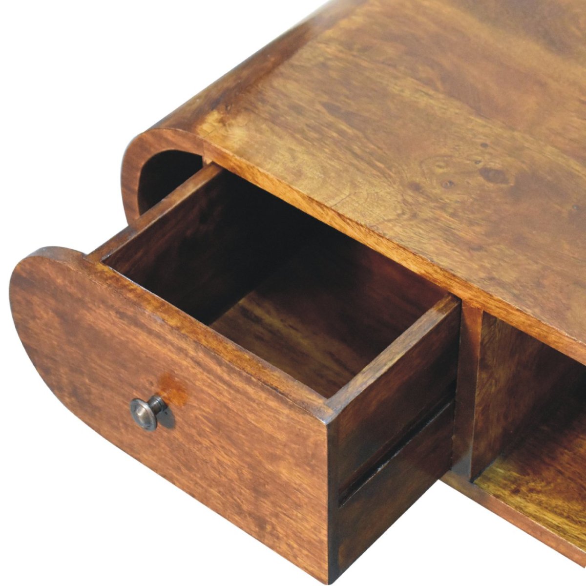 Mobile TV Basso in Mango Massello Finitura Castagno con Bordi Curvi, 2 Cassetti e Ripiano Aperto