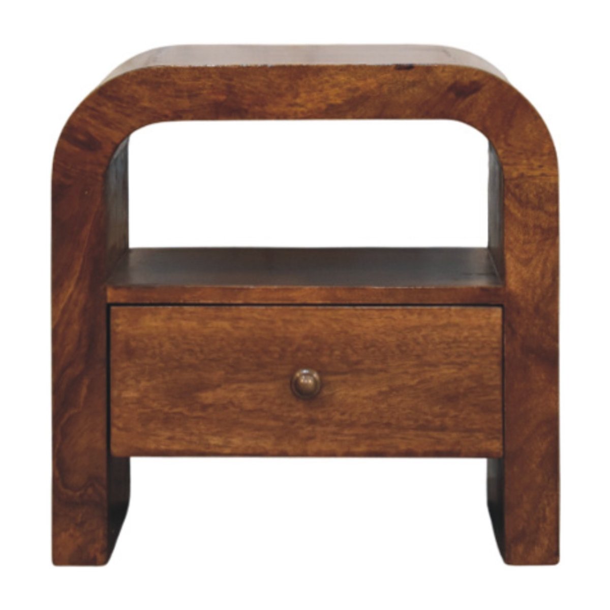 Comodino in Mango Massello Finitura Castagno con Cassetto, Ripiano e Pomolo Ottone — Linea Curva