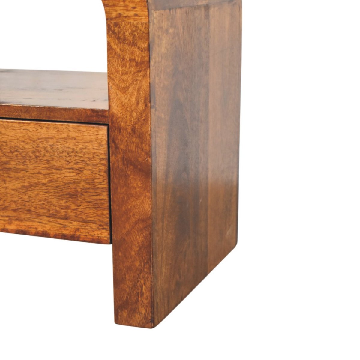 Comodino in Mango Massello Finitura Castagno con Cassetto, Ripiano e Pomolo Ottone — Linea Curva