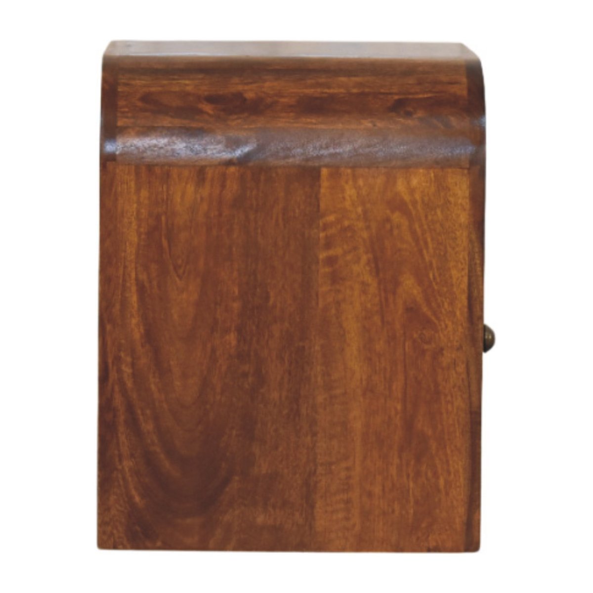 Comodino in Mango Massello Finitura Castagno con Cassetto, Ripiano e Pomolo Ottone — Linea Curva