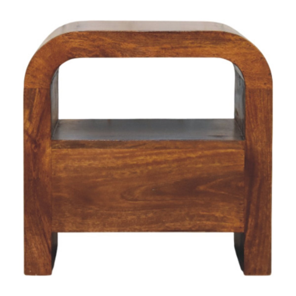 Comodino in Mango Massello Finitura Castagno con Cassetto, Ripiano e Pomolo Ottone — Linea Curva