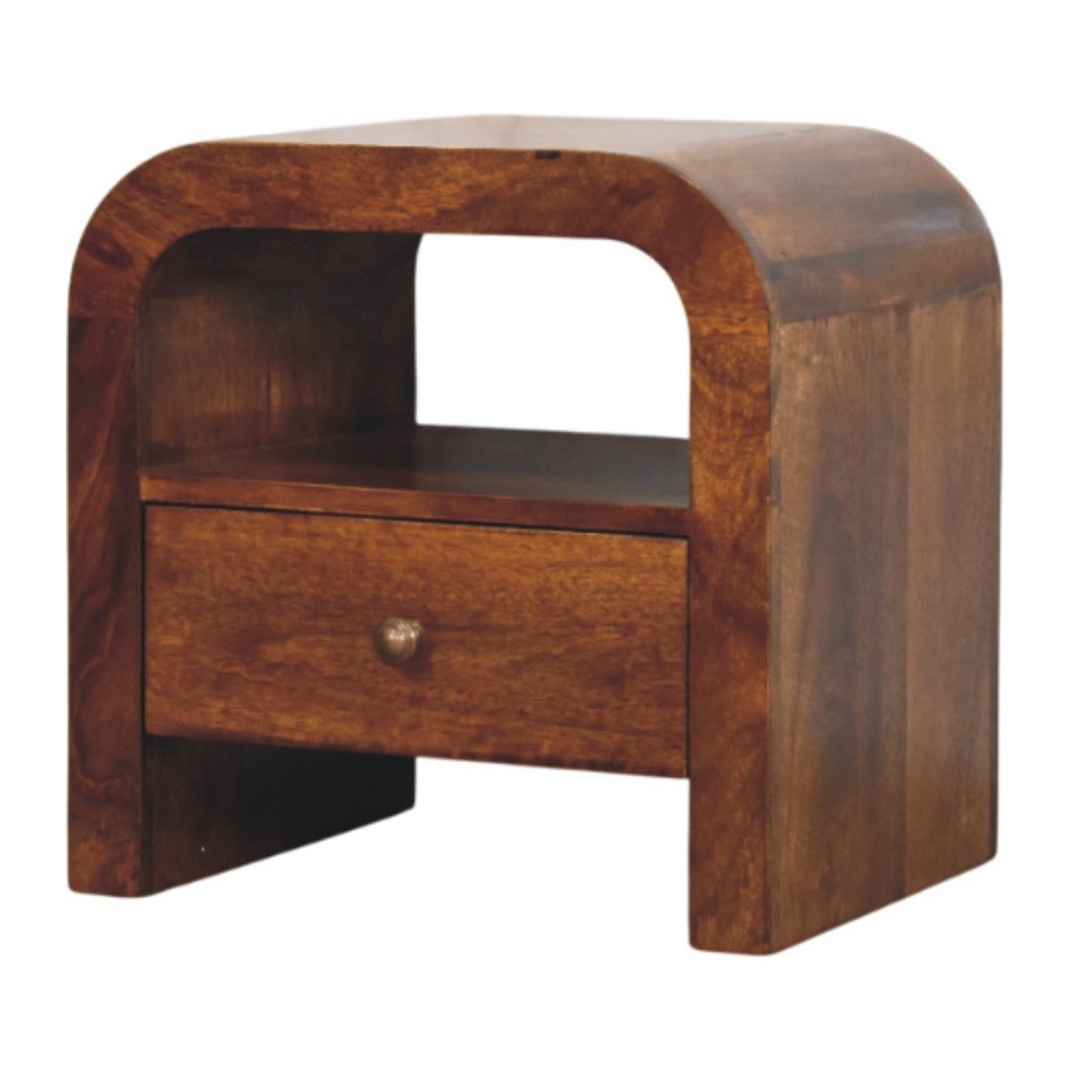 Comodino in Mango Massello Finitura Castagno con Cassetto, Ripiano e Pomolo Ottone — Linea Curva